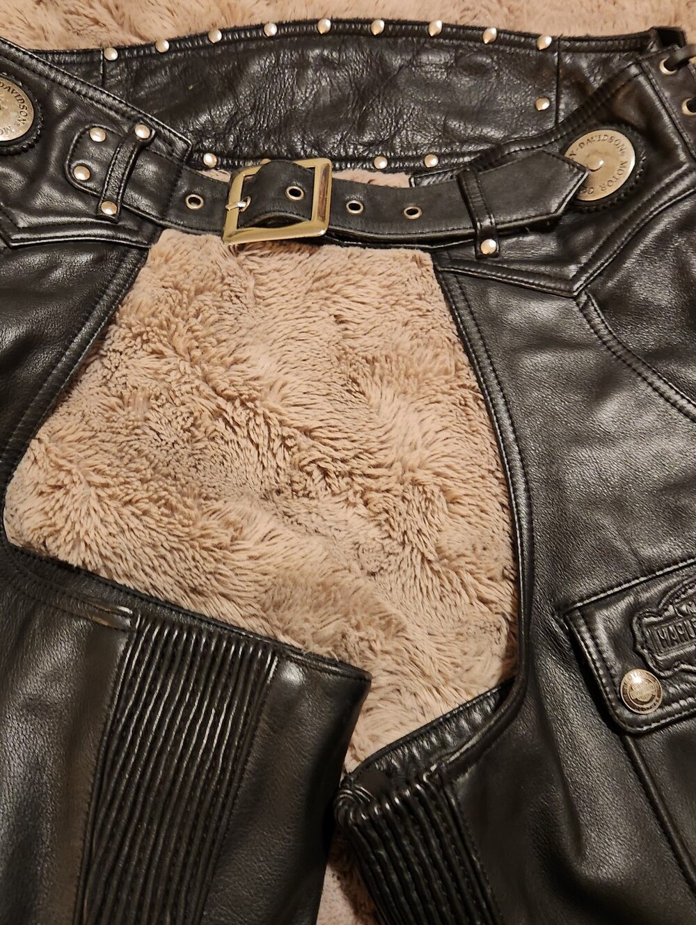 Vintage Mens Black Leather Fringe Motorcycle Chaps with Studs Size Large - Picture 4 of 6